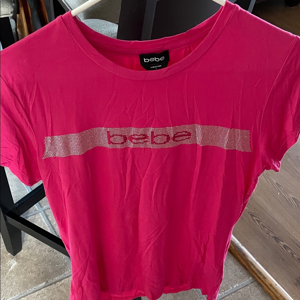 Bebe Fuchsia Rhinestone Logo Tee
